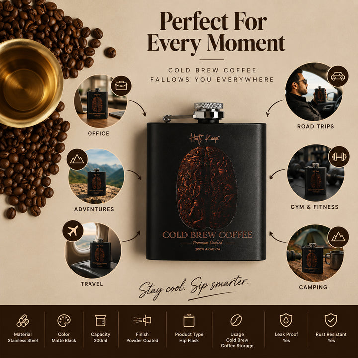 Hip Flask 200ml | Matte Black Stainless Steel | Leak-Proof Cold Brew Flask