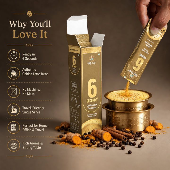 Hatti Kaapi 6 Seconds Golden Latte Powder Mix – Pack of 5 ( 25 Sachets )