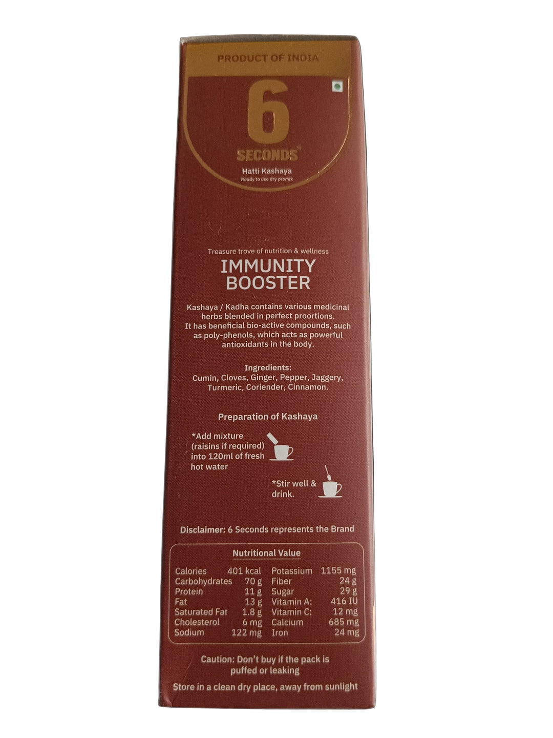 Red box of '6 Seconds' immunity booster with text and nutritional information on a white background